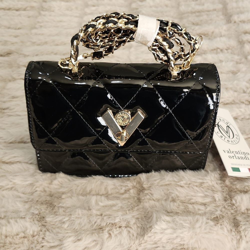 NWT Valentino Orlandi Black Patnet Vegan Leather Crossbody Bag